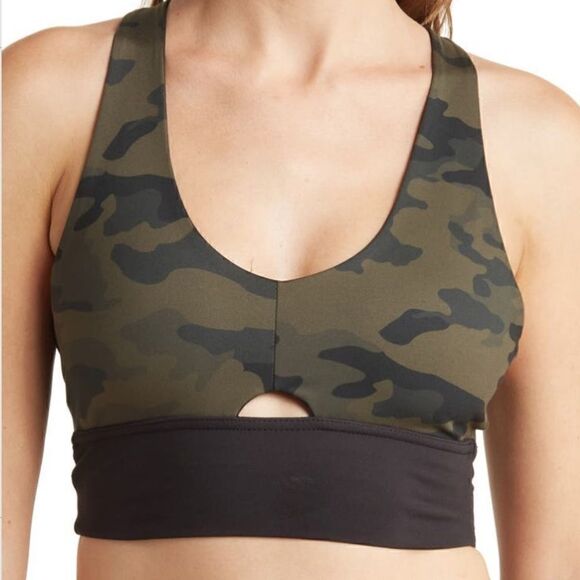 X by Gottex Keyhole Racerback Sports Bra Military Camo Print Green S - Picture 3 of 11